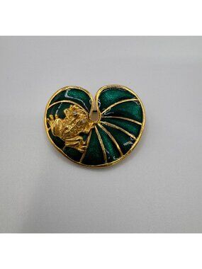 Vintage Frog Lily Pad Brooch Green Enamel Gold Tone Rhinestone Eyes Pin